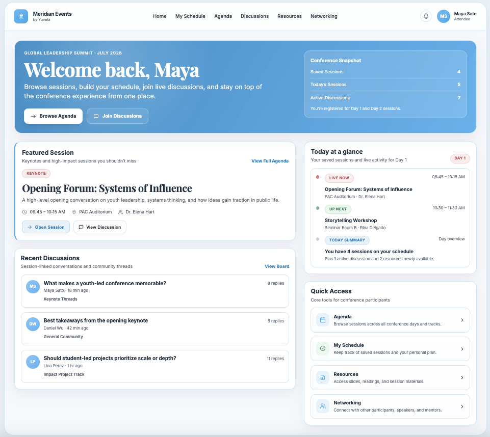 Conference dashboard — a participant home base for agenda browsing, schedule planning, live session access, discussion, resources, and quick navigation.