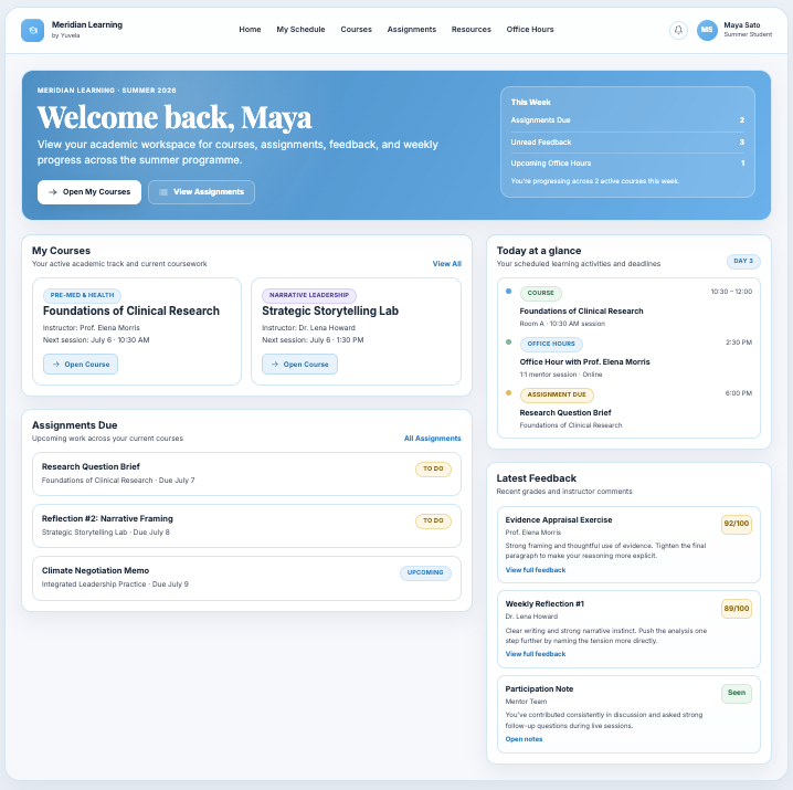 Student dashboard — a student-facing workspace for courses, upcoming assignments, schedule visibility, and recent feedback.