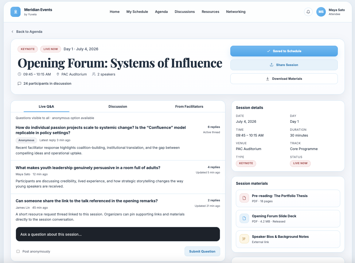 Session detail — participation layer — a session-level experience that combines event context, materials, live Q&A, and participant interaction in one place.